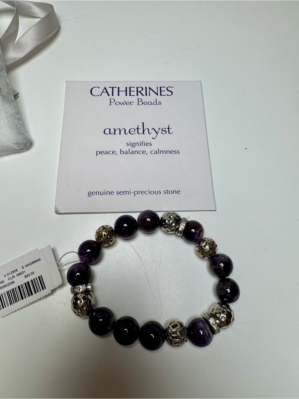 Catherines NWT Amethyst Power Beads Bracelet, Plus Sized 10” with Gift Bag
